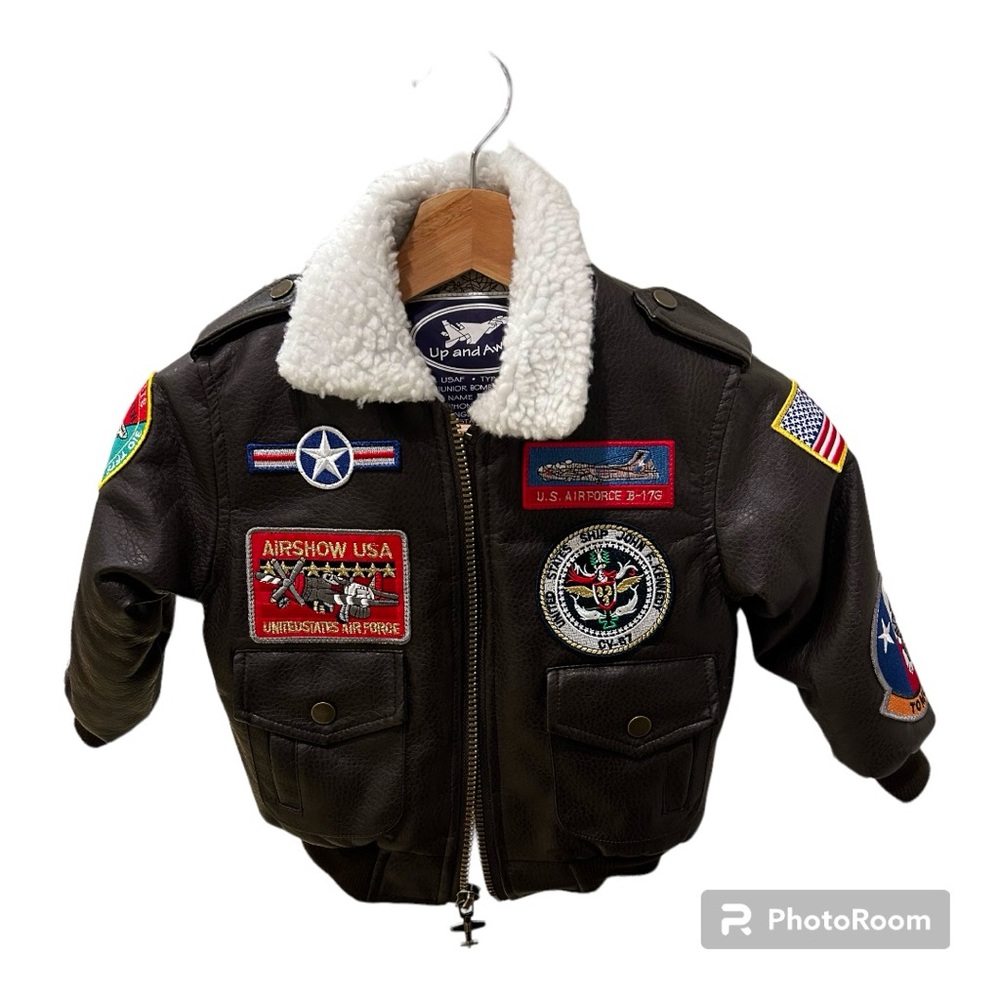 USAF Junior Bomber Jacket, Leather look, lined, fleece collar age 3t. NWOT